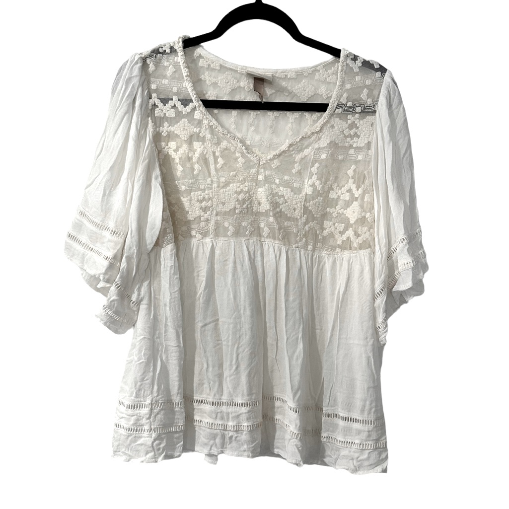 Knox Rose Peasant Blouse Top Women’s Large White Eyelet Lace Accents Boho Flowy